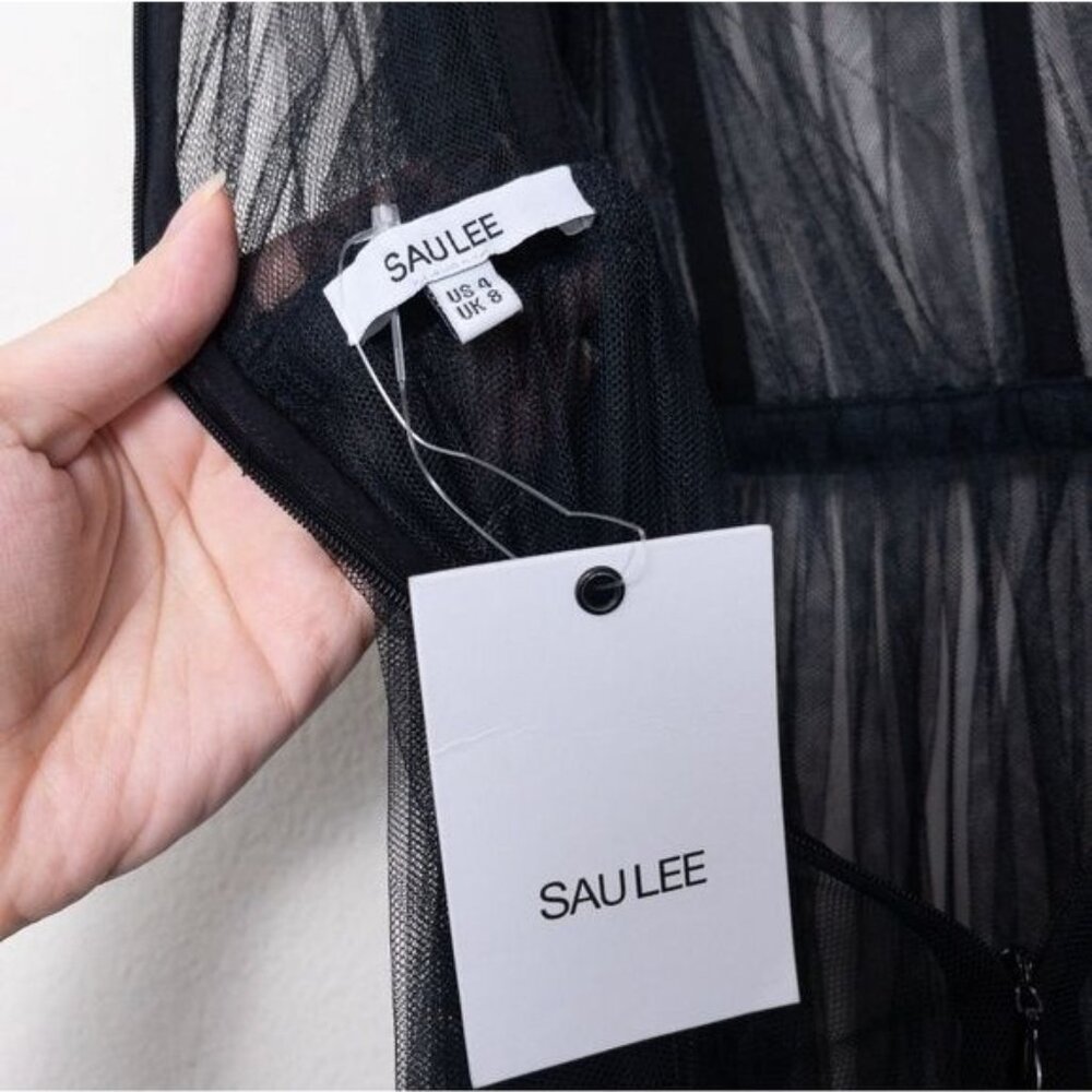 NWT Sau Lee Camille Tulle Ruffle Gown 4 Black Sheer Tiered Bustier Aline - Picture 6 of 14